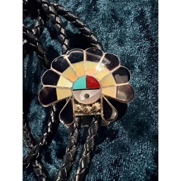 Other - Sterling Silver Zuni Sun Face Native American Turquoise Coral Bolo Tie Slide